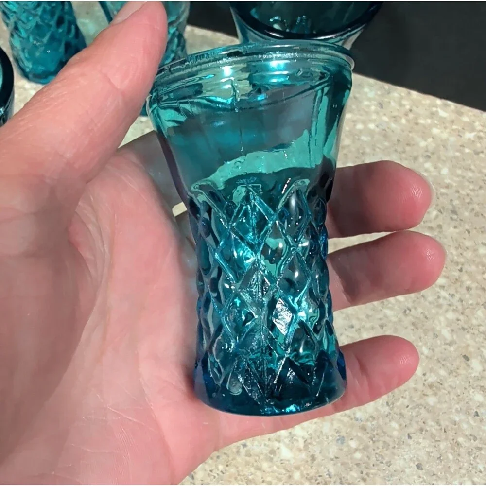 Set of 5 Vintage Diamond Pattern Blue Glass Shot Glasses Made in Tawian